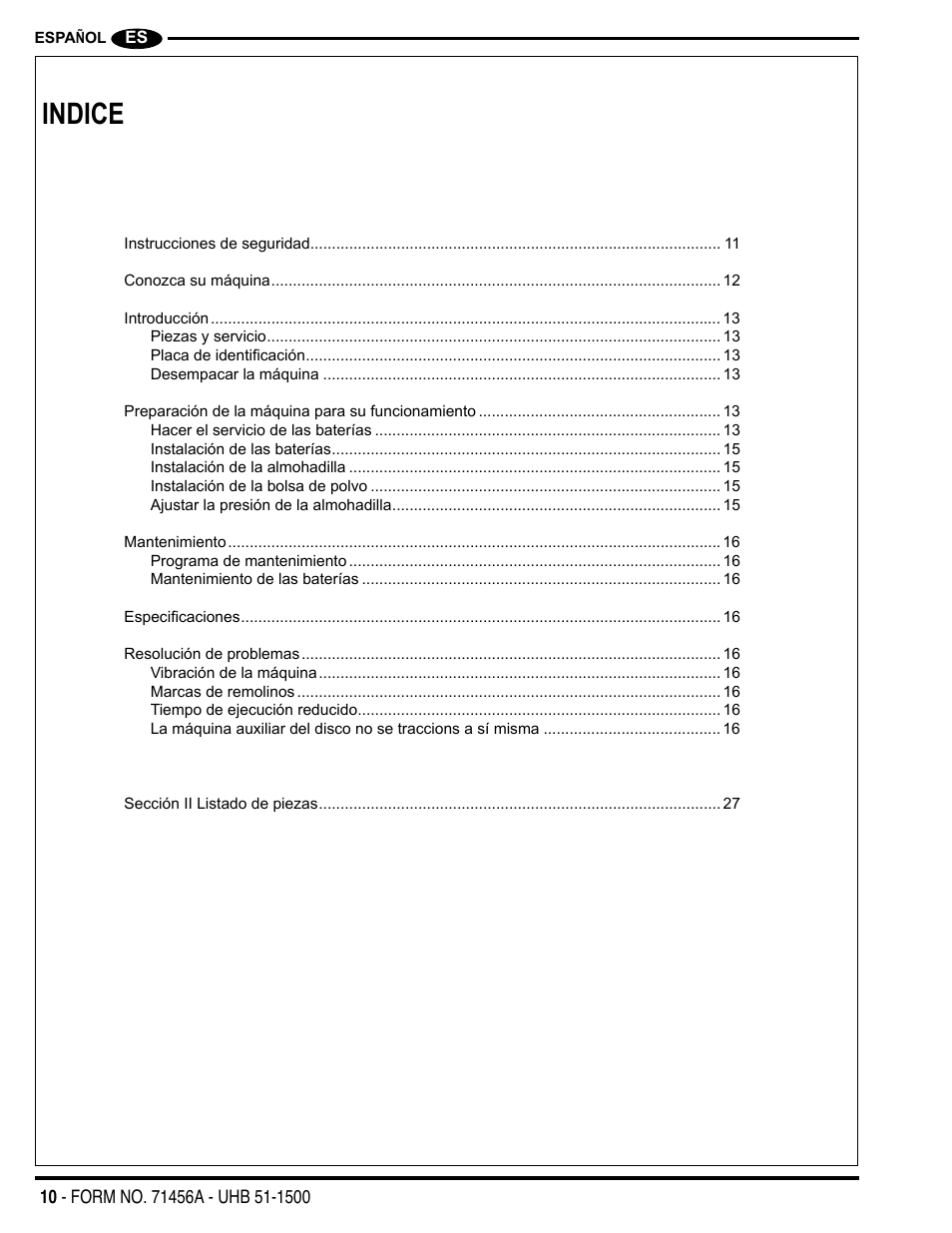 Indice | Nilfisk-Advance America 01610A User Manual | Page 10 / 48