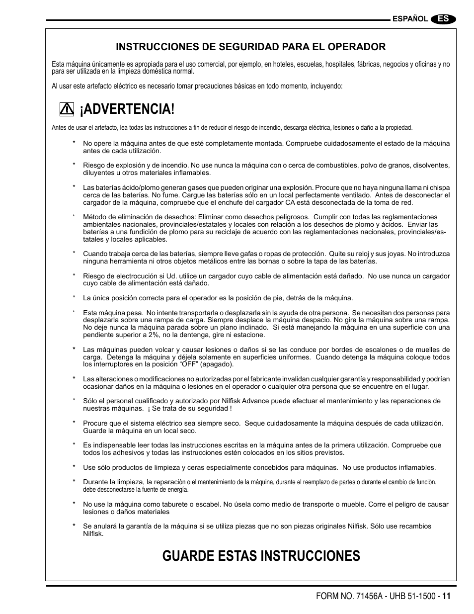 Advertencia, Guarde estas instrucciones, Instrucciones de seguridad para el operador | Nilfisk-Advance America 01610A User Manual | Page 11 / 48