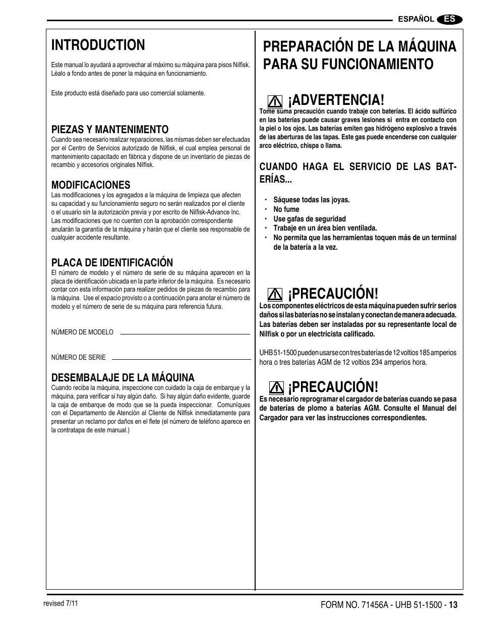 Introduction, Precaución | Nilfisk-Advance America 01610A User Manual | Page 13 / 48