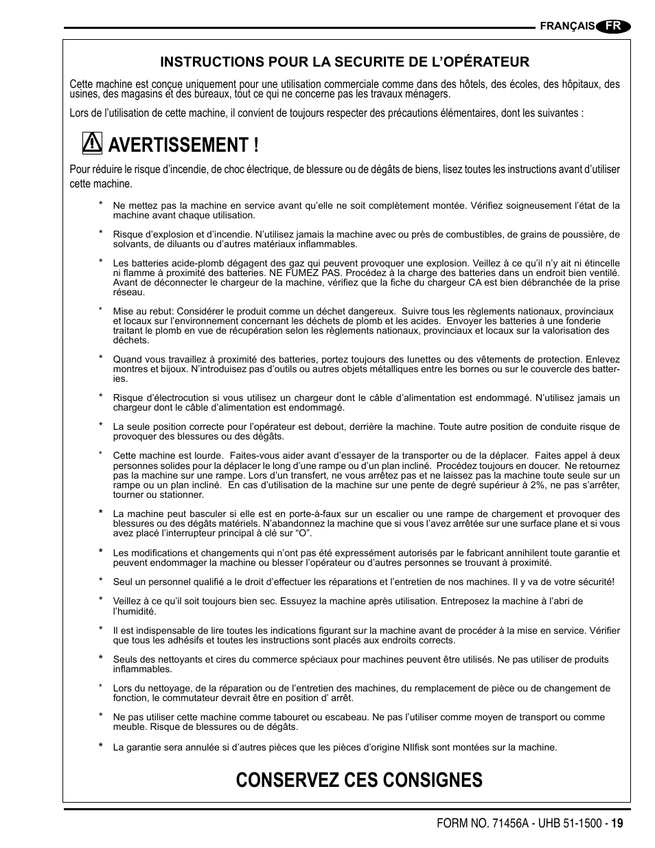 Avertissement, Conservez ces consignes, Instructions pour la securite de l’opérateur | Nilfisk-Advance America 01610A User Manual | Page 19 / 48