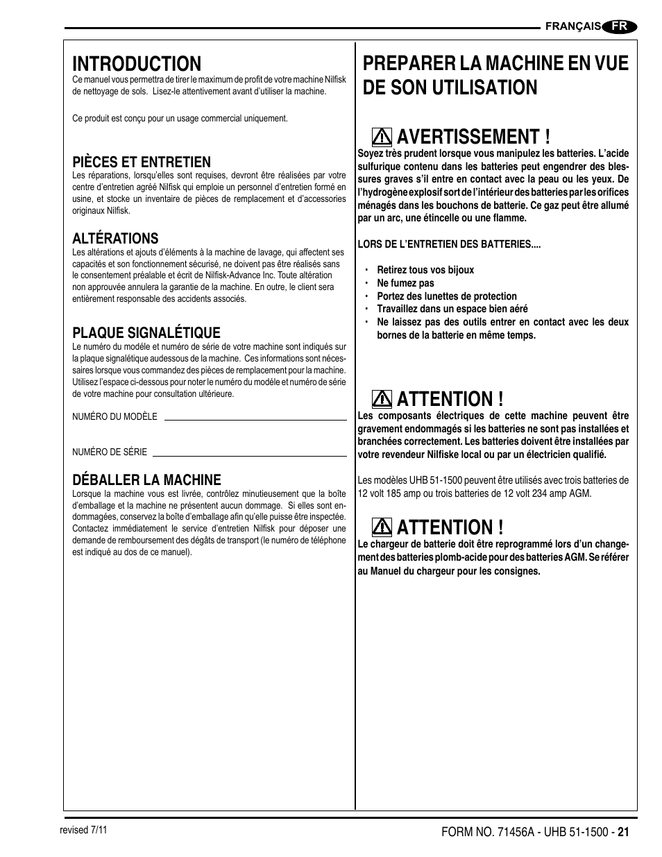 Introduction, Attention | Nilfisk-Advance America 01610A User Manual | Page 21 / 48