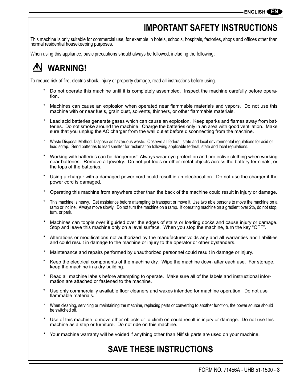 Important safety instructions, Warning, Save these instructions | Nilfisk-Advance America 01610A User Manual | Page 3 / 48