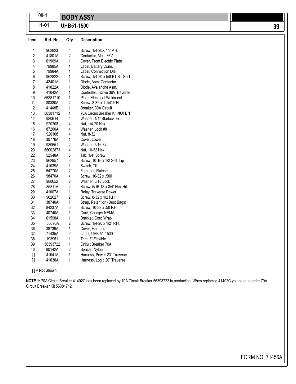 Body assy | Nilfisk-Advance America 01610A User Manual | Page 39 / 48