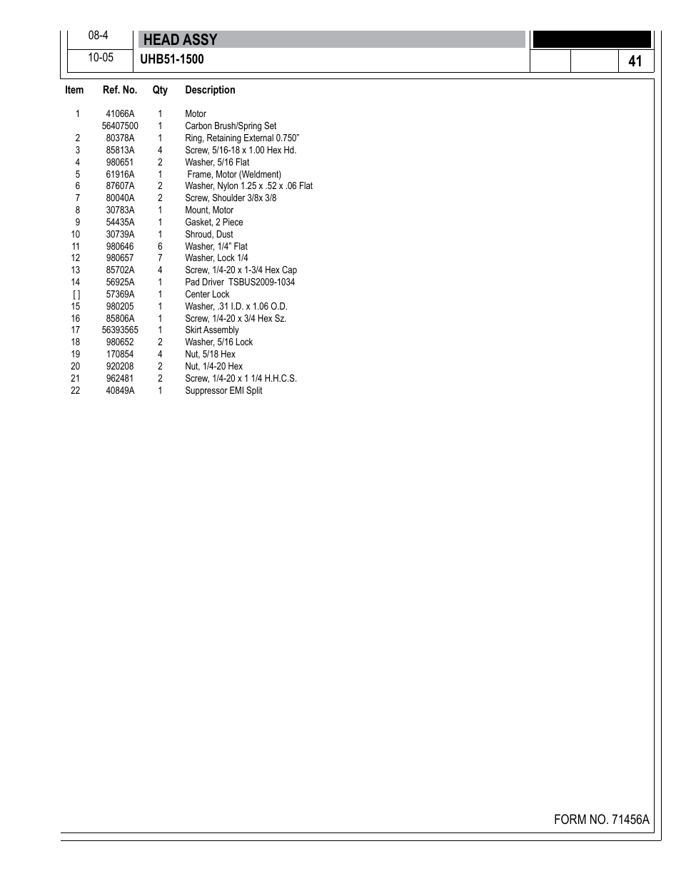 Head assy | Nilfisk-Advance America 01610A User Manual | Page 41 / 48