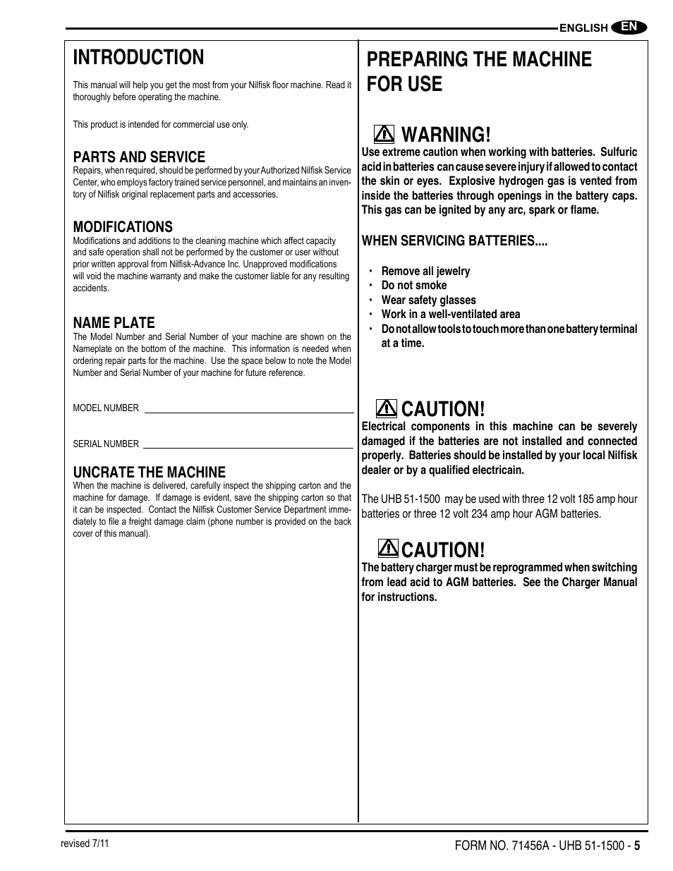 Introduction, Preparing the machine for use warning, Caution | Nilfisk-Advance America 01610A User Manual | Page 5 / 48