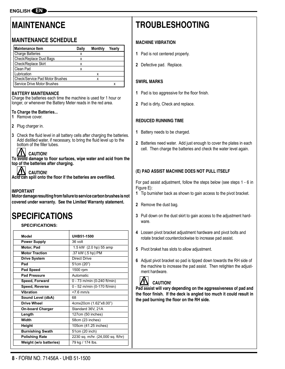 Maintenance, Troubleshooting, Specifications | Maintenance schedule | Nilfisk-Advance America 01610A User Manual | Page 8 / 48