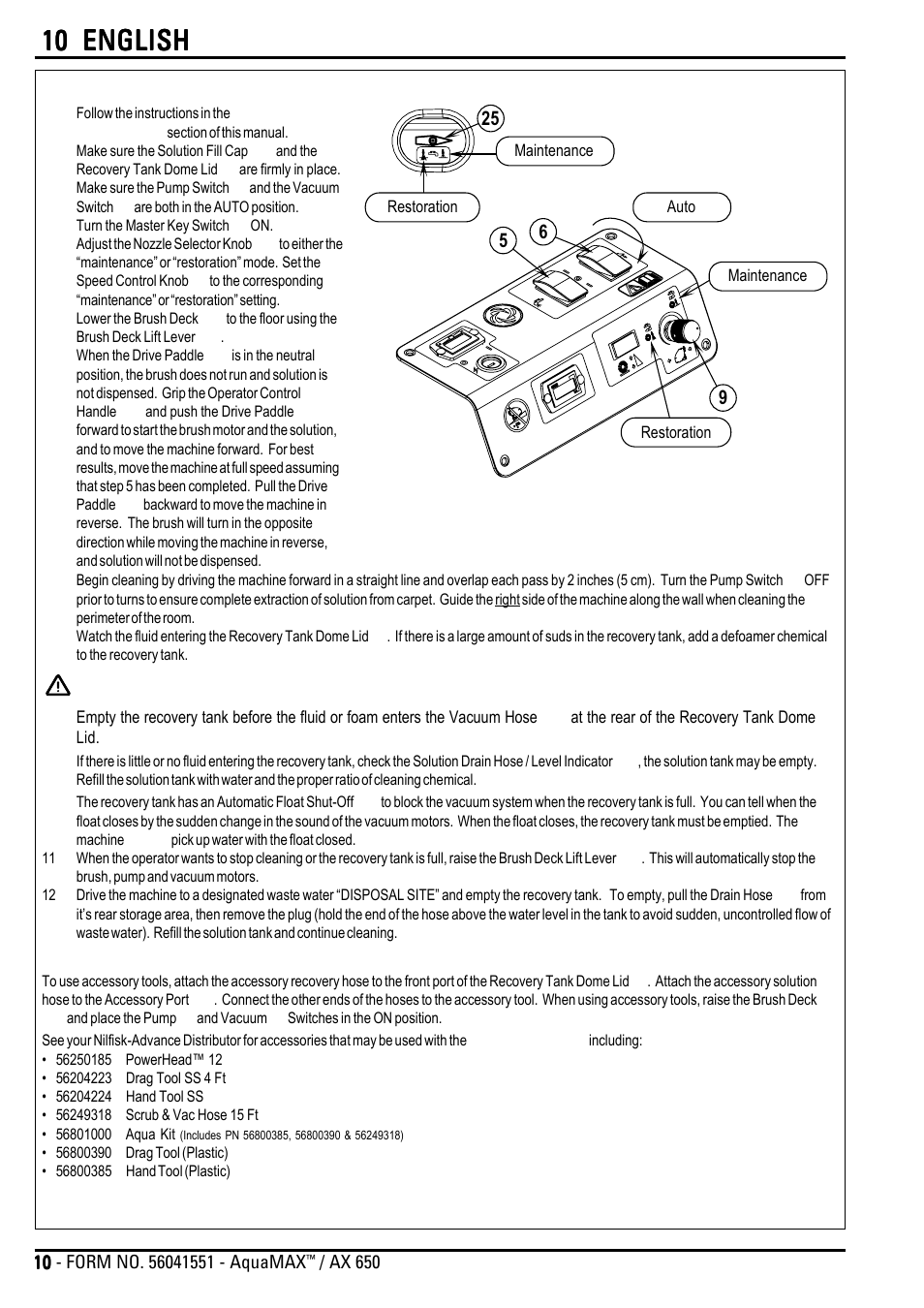 Caution, 10 english, Operating the machine | Using attachments | Nilfisk-Advance America AQUAMAX AX 650 User Manual | Page 10 / 20