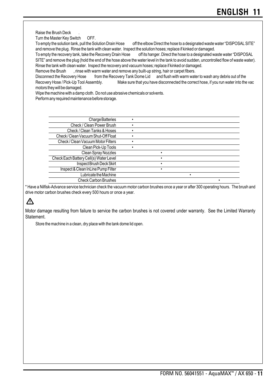 Important, English 11, After using the machine | Maintenance schedule | Nilfisk-Advance America AQUAMAX AX 650 User Manual | Page 11 / 20