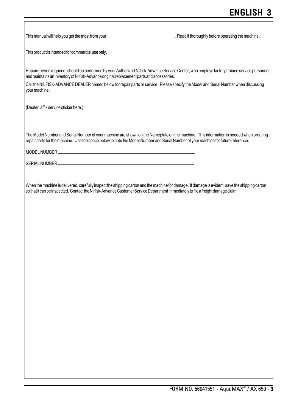 English 3 | Nilfisk-Advance America AQUAMAX AX 650 User Manual | Page 3 / 20