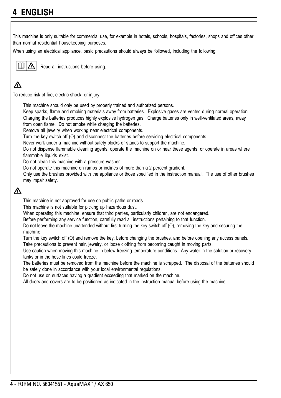 Important safety instructions, Warning, Caution | 4 english, Save these instructions | Nilfisk-Advance America AQUAMAX AX 650 User Manual | Page 4 / 20