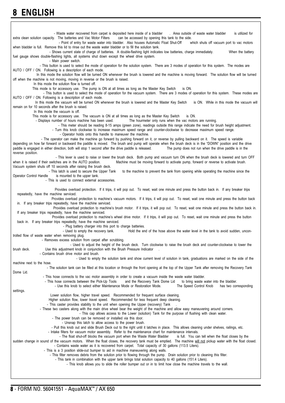 8 english, Functional description of controls, Ax 650 | Nilfisk-Advance America AQUAMAX AX 650 User Manual | Page 8 / 20