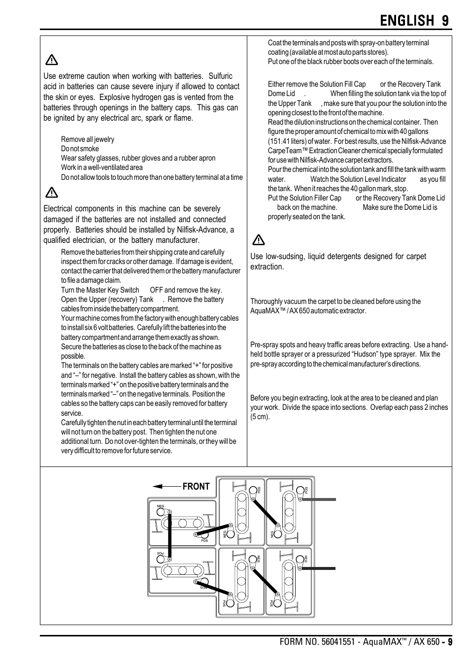 Warning, Caution, English 9 | Installing the batteries, Filling the solution tank, Before using the aquamax™ / ax 650, Pre-spraying the carpet, Plan for cleaning | Nilfisk-Advance America AQUAMAX AX 650 User Manual | Page 9 / 20