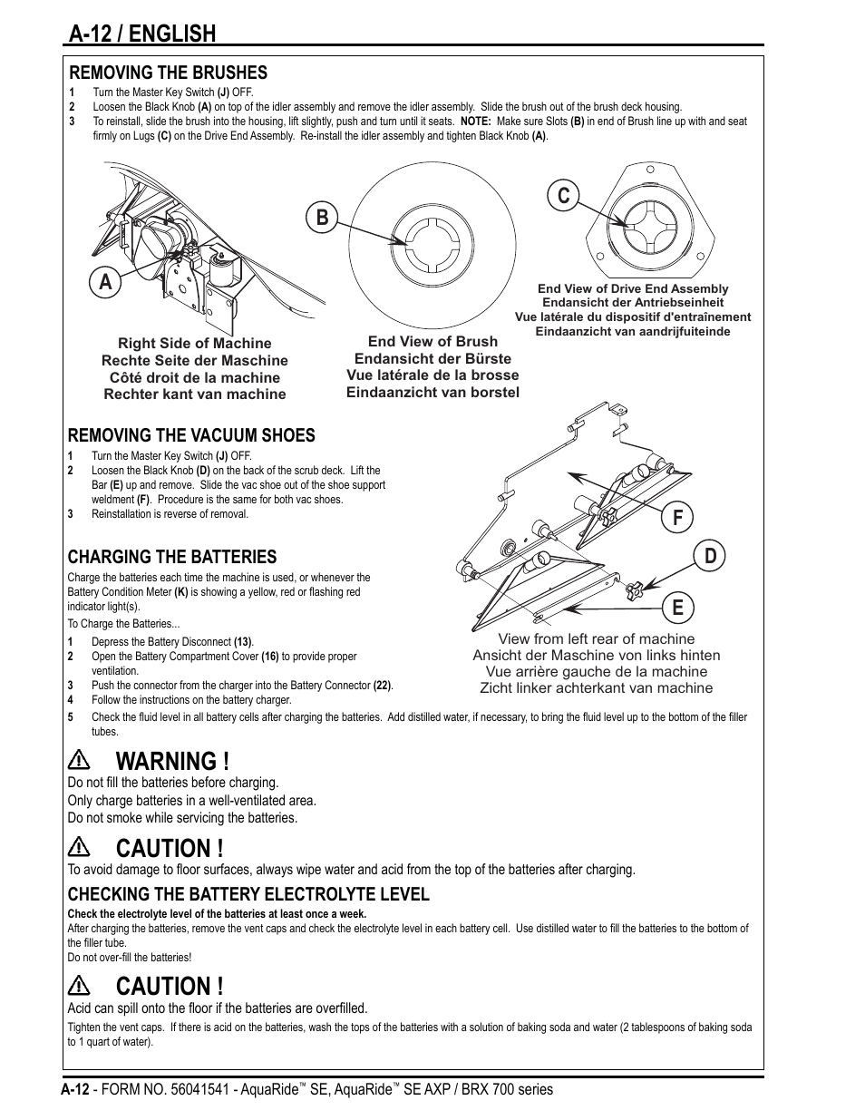 Warning, Caution, A-12 / english | Fe d | Nilfisk-Advance America BRX 700 Series User Manual | Page 12 / 60