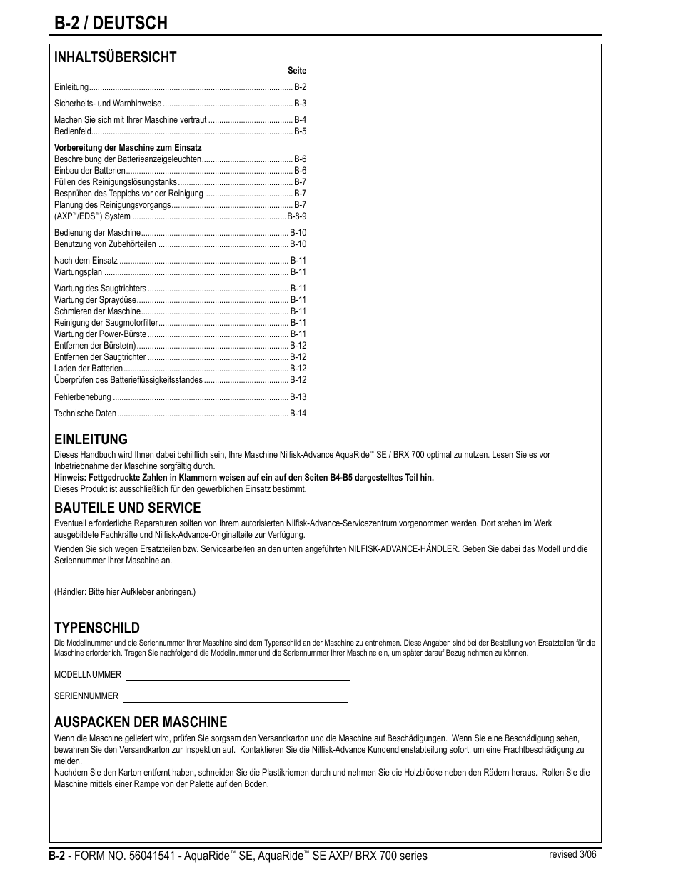 B-2 / deutsch, Inhaltsübersicht, Einleitung | Bauteile und service, Typenschild, Auspacken der maschine | Nilfisk-Advance America BRX 700 Series User Manual | Page 16 / 60