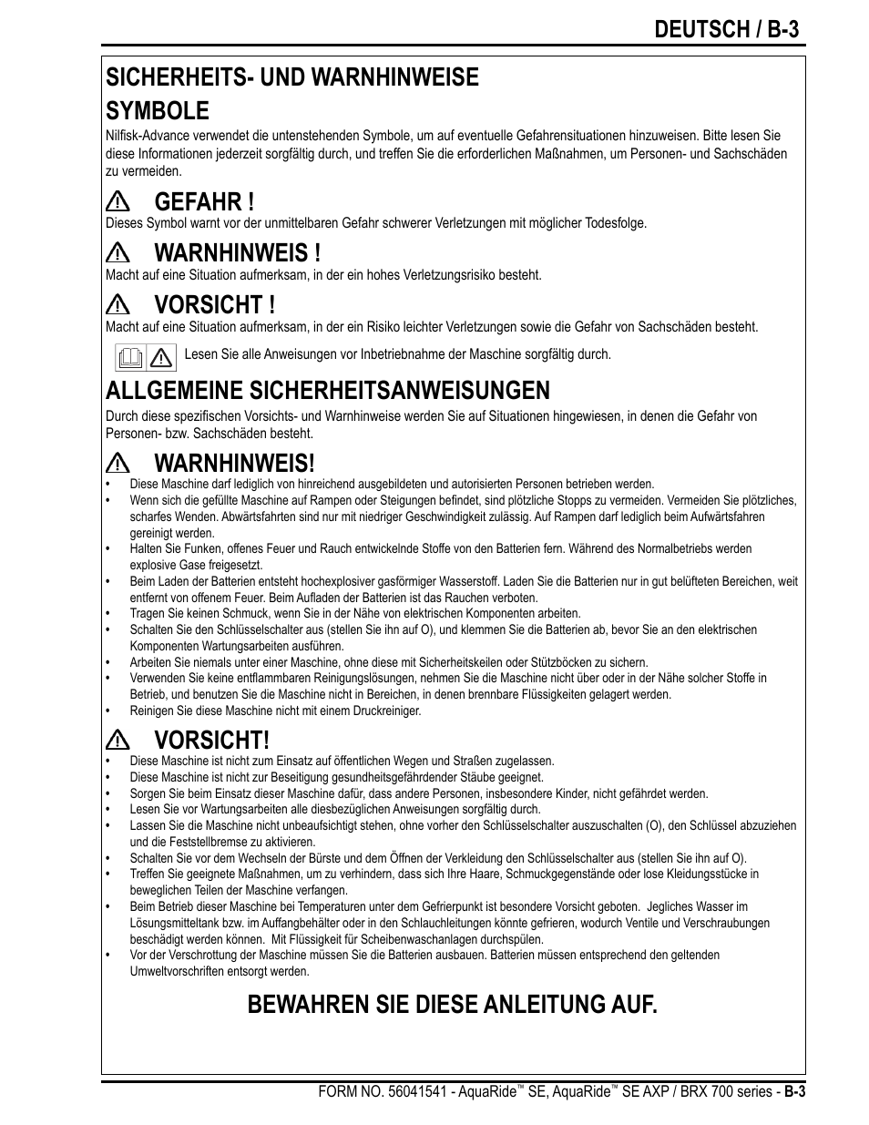 Sicherheits- und warnhinweise symbole, Gefahr, Warnhinweis | Vorsicht, Allgemeine sicherheitsanweisungen, Bewahren sie diese anleitung auf, Deutsch / b-3 | Nilfisk-Advance America BRX 700 Series User Manual | Page 17 / 60