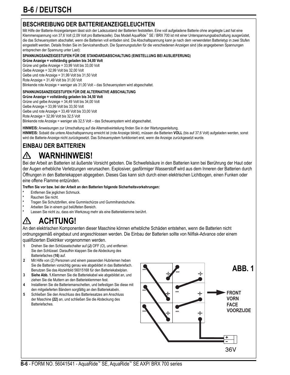 Warnhinweis, Achtung, B-6 / deutsch | Abb. 1, Beschreibung der batterieanzeigeleuchten, Einbau der batterien | Nilfisk-Advance America BRX 700 Series User Manual | Page 20 / 60