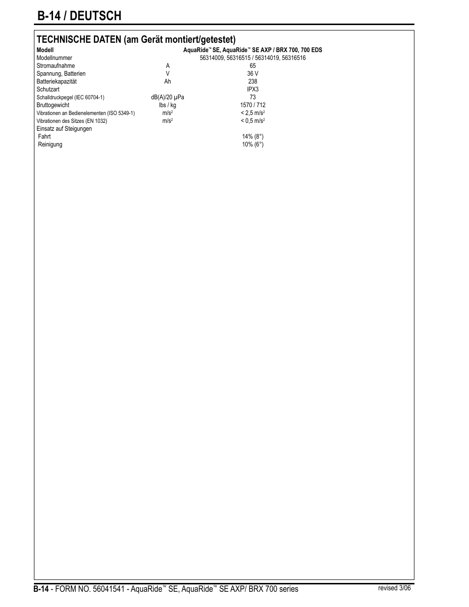 B-14 / deutsch, Technische daten (am gerät montiert/getestet), Se, aquaride | Se axp/ brx 700 series | Nilfisk-Advance America BRX 700 Series User Manual | Page 28 / 60