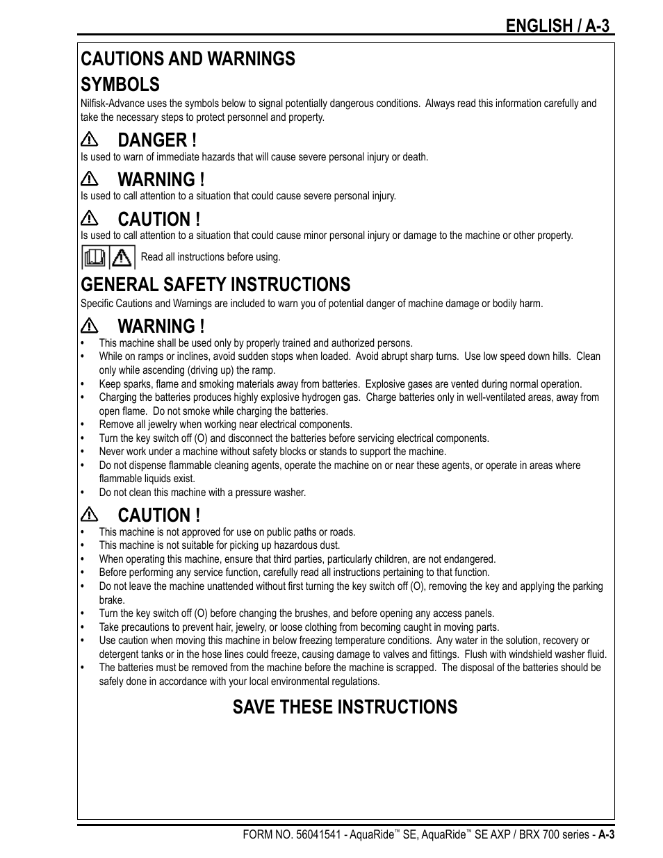 Cautions and warnings symbols, Danger, Warning | Caution, General safety instructions, Save these instructions, English / a-3 | Nilfisk-Advance America BRX 700 Series User Manual | Page 3 / 60