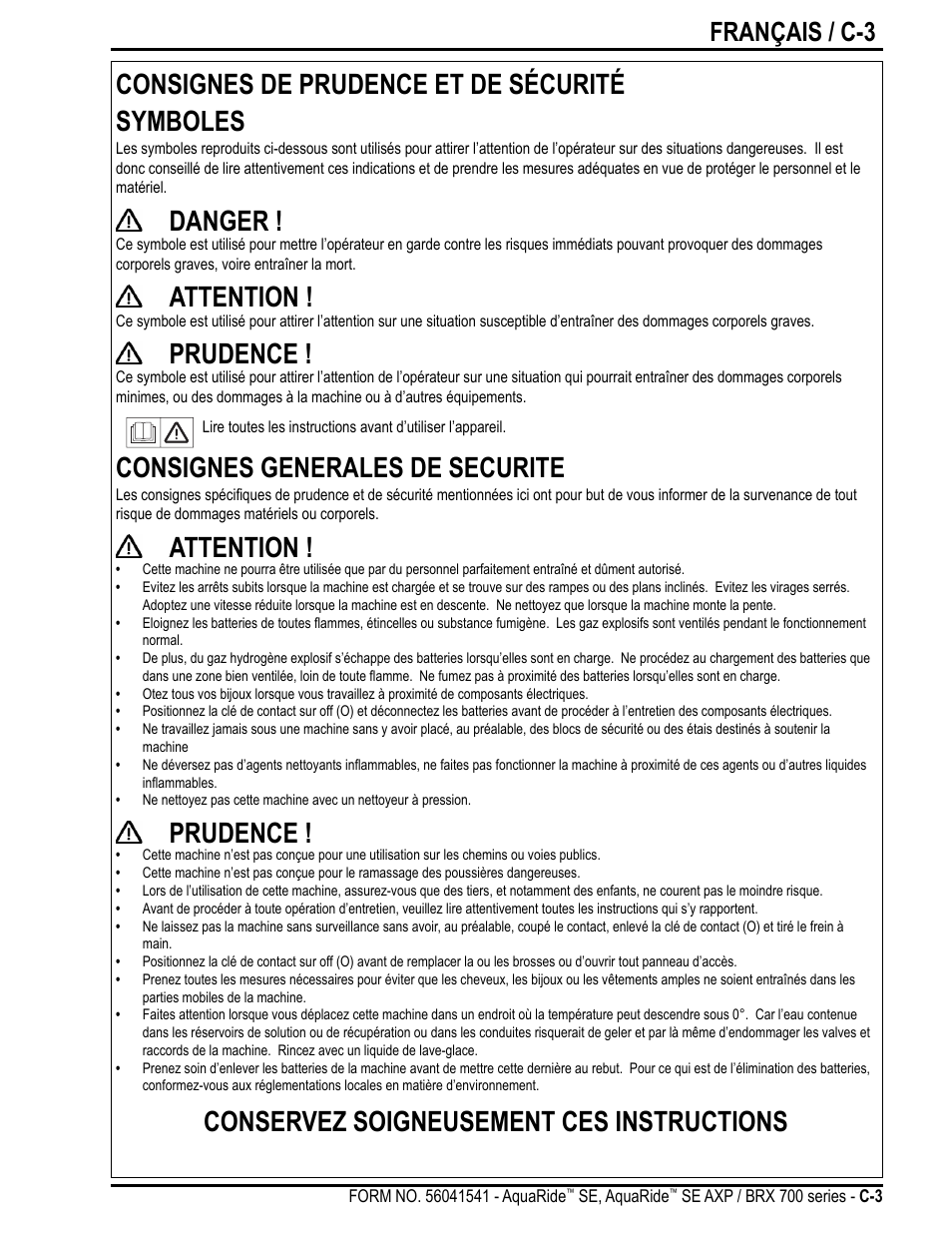 Consignes de prudence et de sécurité symboles, Danger, Attention | Prudence, Consignes generales de securite, Conservez soigneusement ces instructions, Français / c-3 | Nilfisk-Advance America BRX 700 Series User Manual | Page 31 / 60