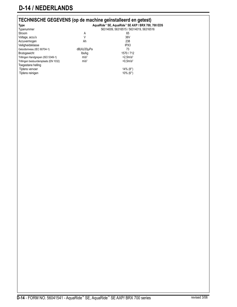 D-14 / nederlands, Se, aquaride, Se axp/ brx 700 series | Nilfisk-Advance America BRX 700 Series User Manual | Page 56 / 60