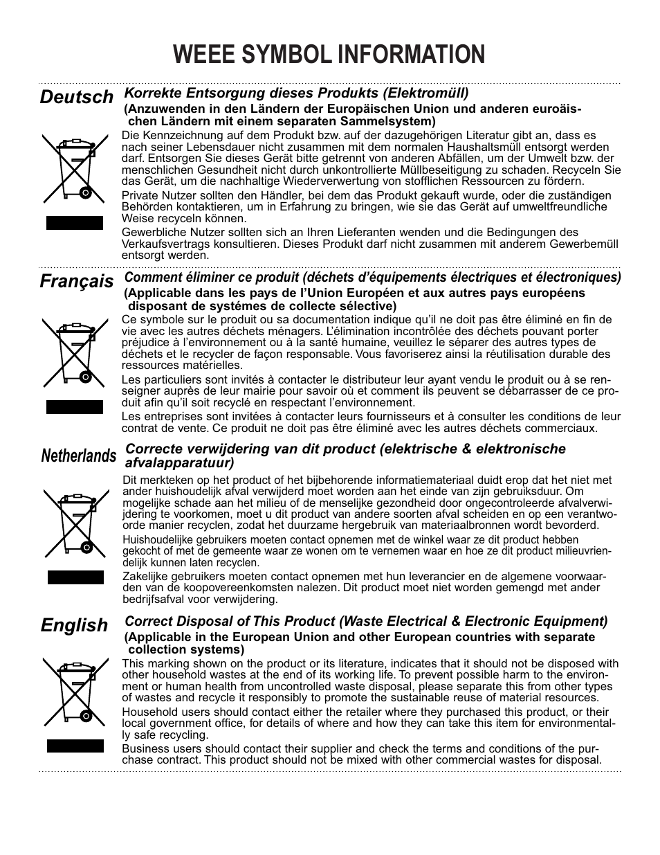 Weee symbol information, Deutsch, Français | Netherlands, English | Nilfisk-Advance America BRX 700 Series User Manual | Page 58 / 60