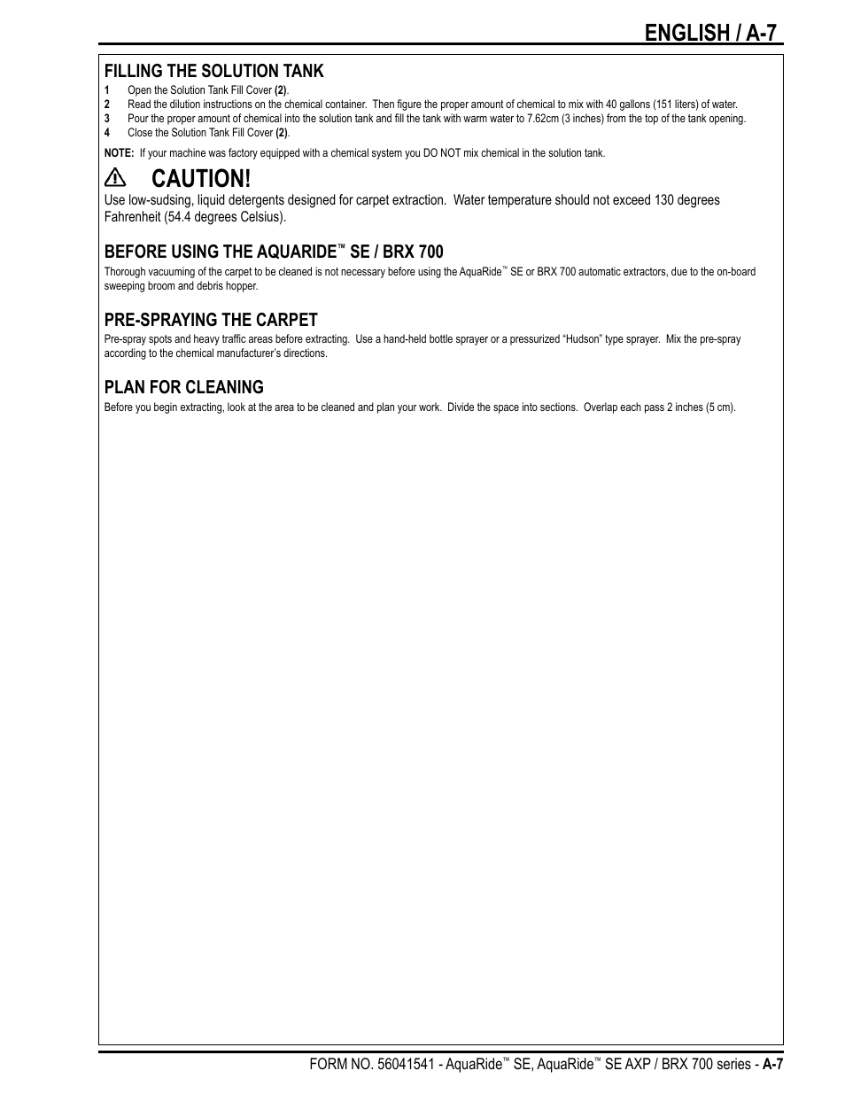 Caution, English / a-7, Filling the solution tank | Before using the aquaride, Se / brx 700, Pre-spraying the carpet, Plan for cleaning | Nilfisk-Advance America BRX 700 Series User Manual | Page 7 / 60