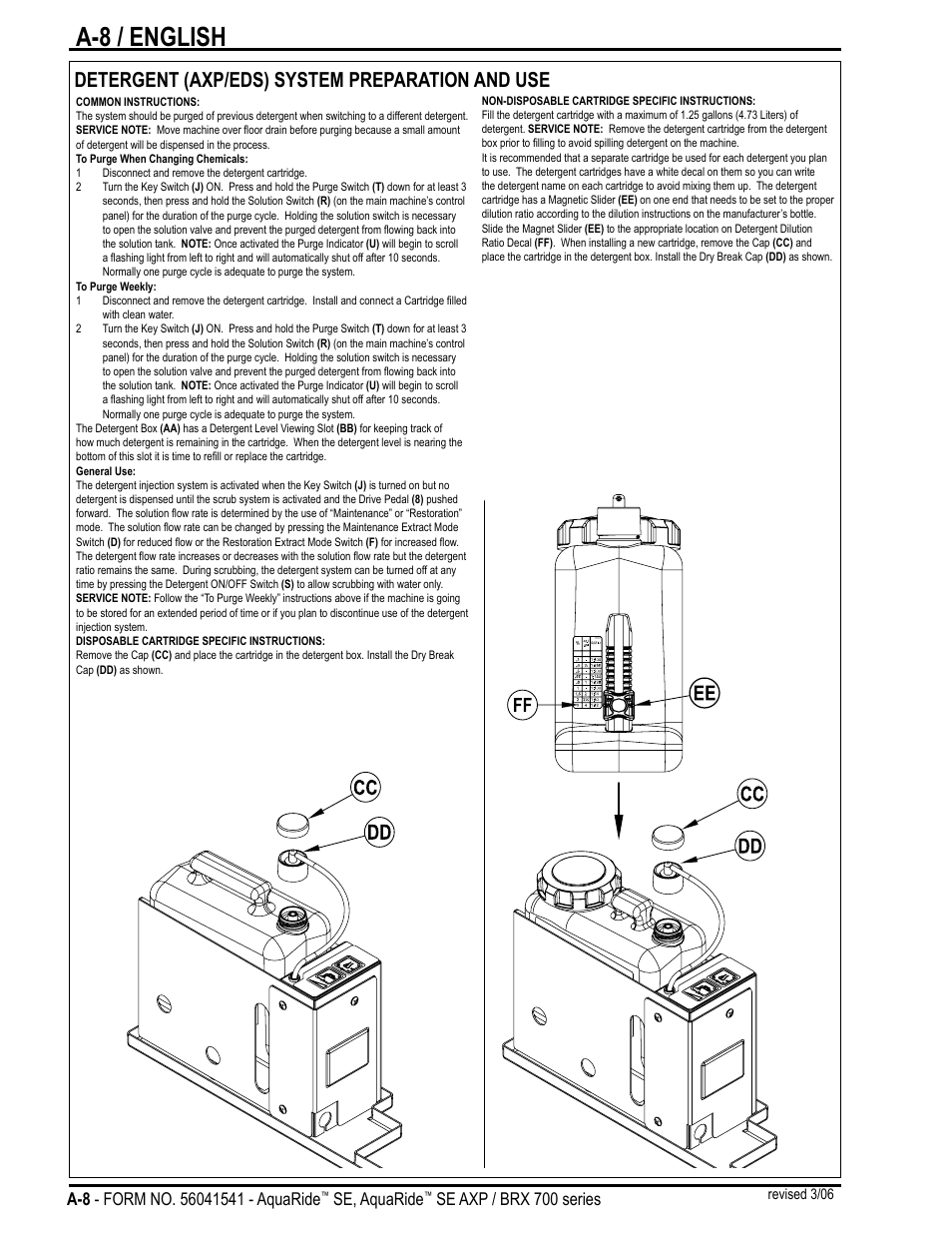 A-8 / english, Detergent (axp/eds) system preparation and use, Se, aquaride | Se axp / brx 700 series | Nilfisk-Advance America BRX 700 Series User Manual | Page 8 / 60