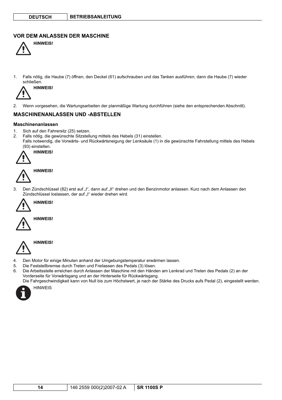 Nilfisk-Advance America SR 1100S User Manual | Page 16 / 100