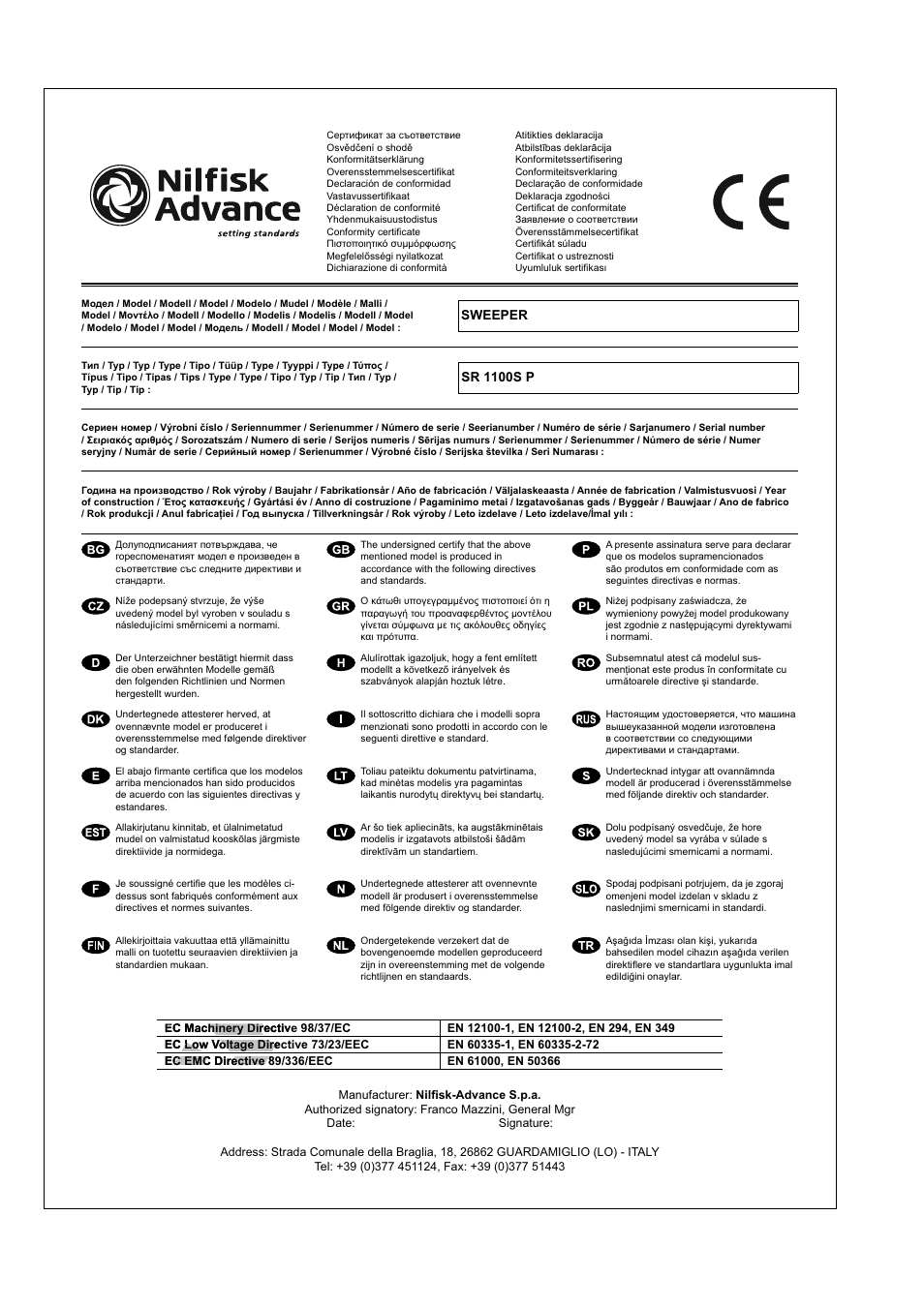 Fa c-simile fa fa fa fa | Nilfisk-Advance America SR 1100S User Manual | Page 2 / 100