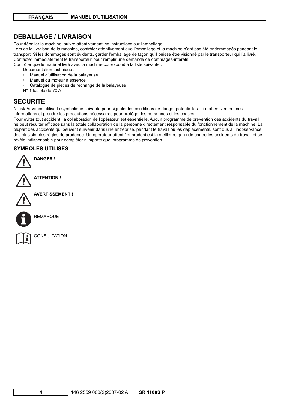 Deballage / livraison, Securite | Nilfisk-Advance America SR 1100S User Manual | Page 30 / 100