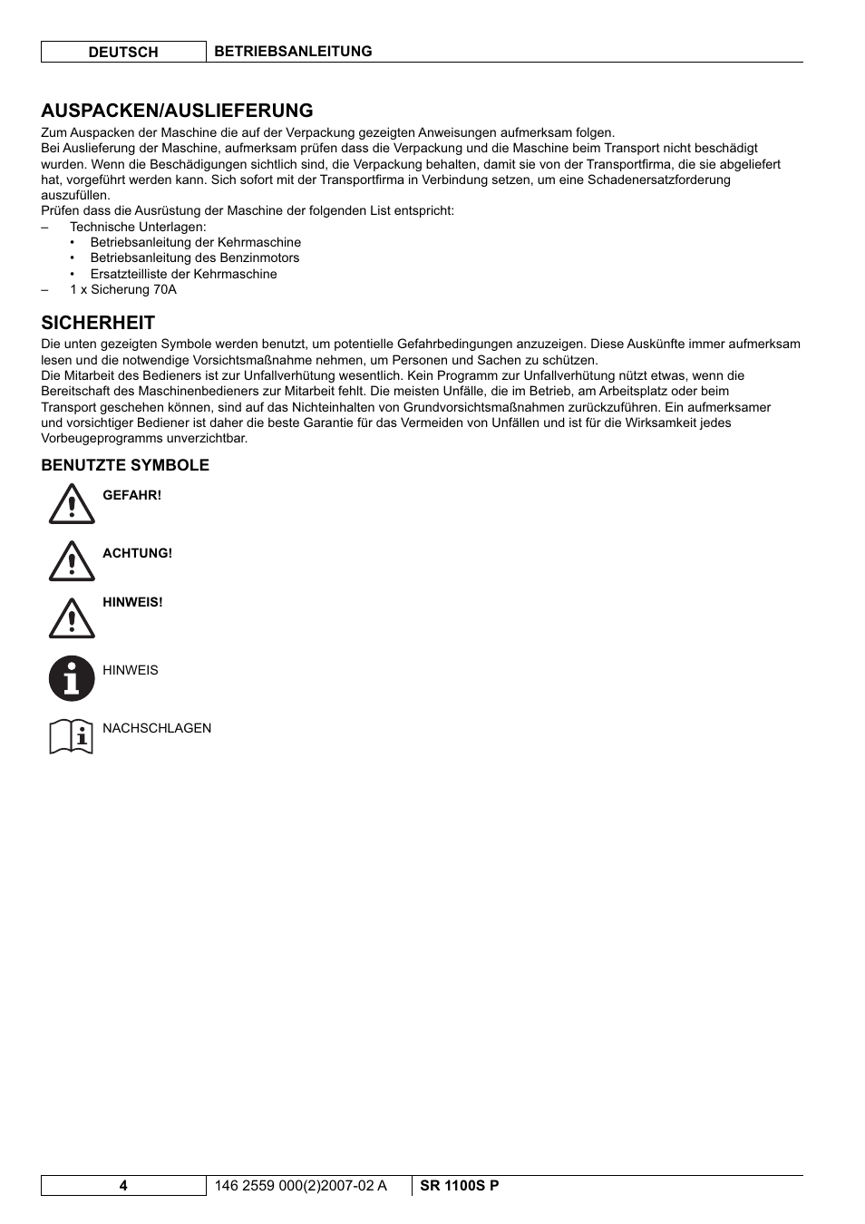 Auspacken/auslieferung, Sicherheit | Nilfisk-Advance America SR 1100S User Manual | Page 6 / 100