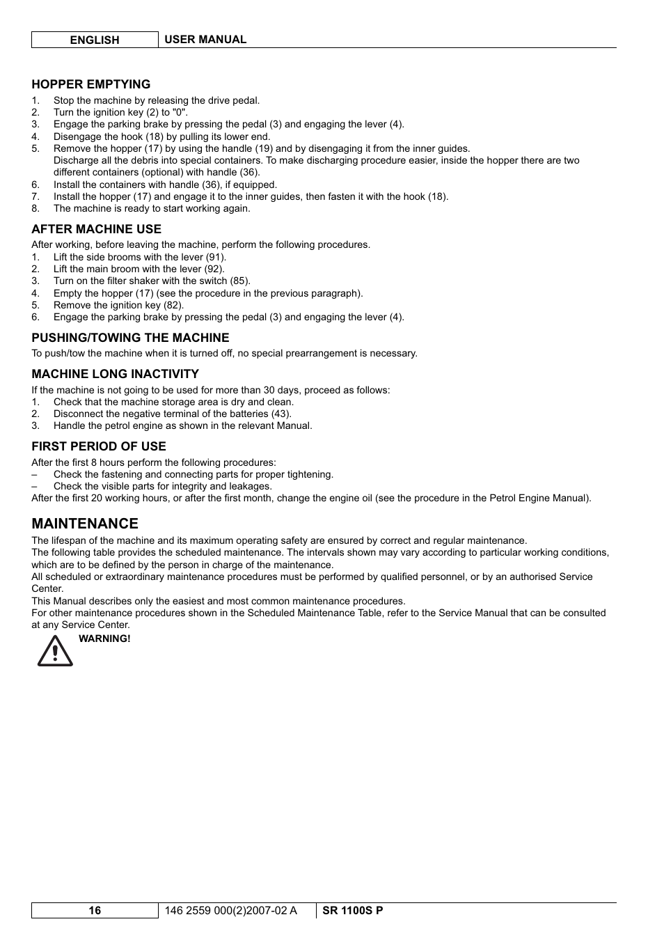 Maintenance | Nilfisk-Advance America SR 1100S User Manual | Page 66 / 100