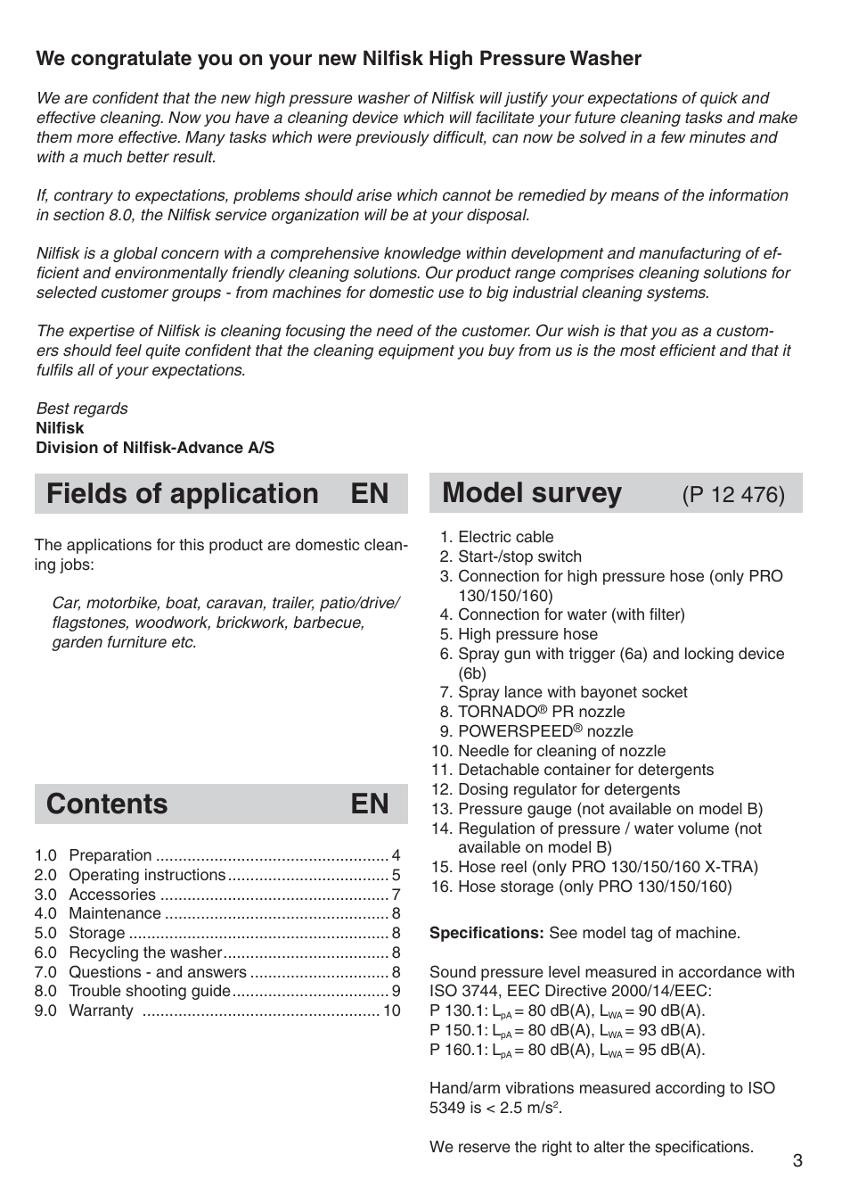 Fields of application en contents en model survey | Nilfisk-Advance America P 130.1 User Manual | Page 3 / 12