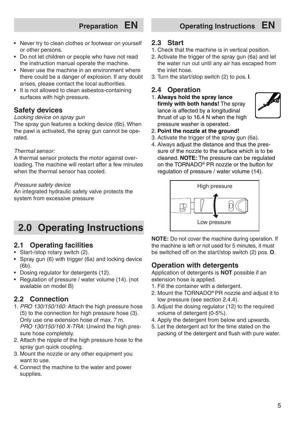 0 operating instructions, Preparation, Safety devices | Operating instructions, 1 operating facilities, 2 connection, 3 start, 4 operation, Operation with detergents | Nilfisk-Advance America P 130.1 User Manual | Page 5 / 12