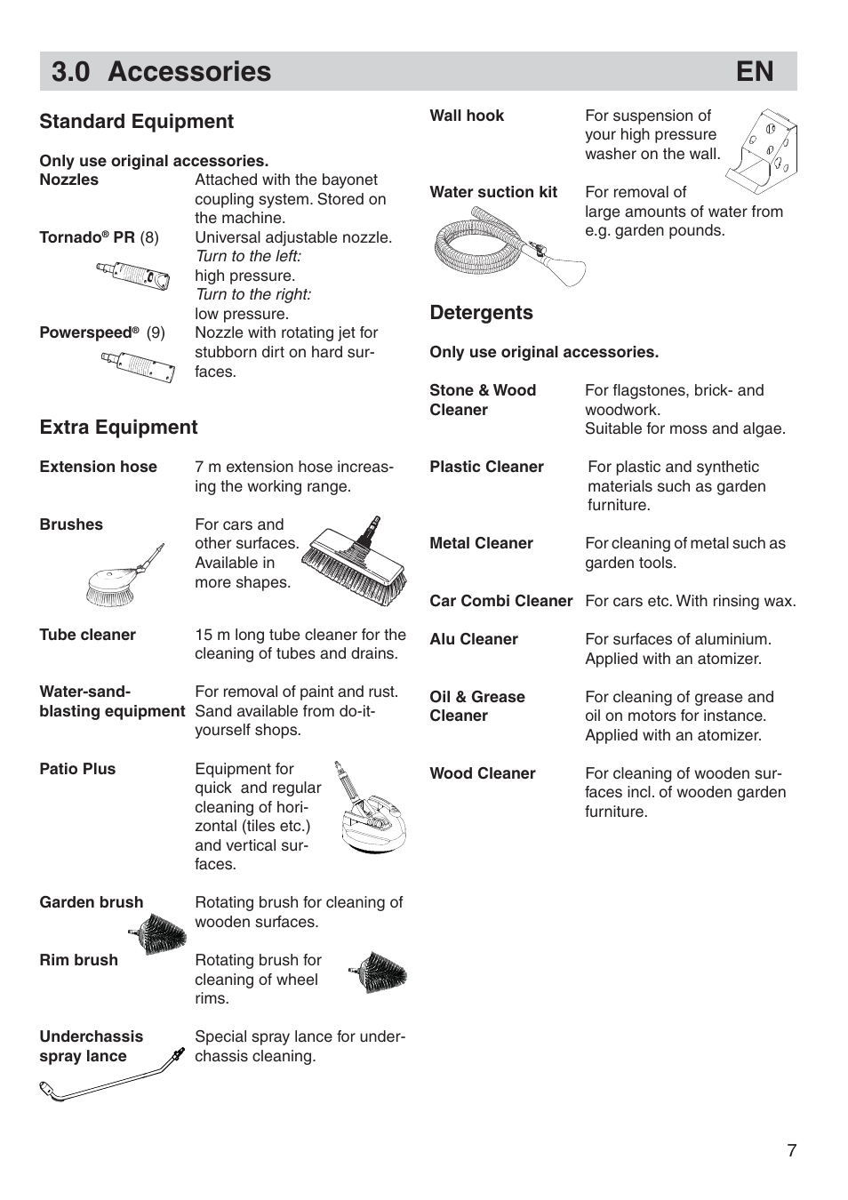 0 accessories en, Detergents, Standard equipment | Extra equipment | Nilfisk-Advance America P 130.1 User Manual | Page 7 / 12