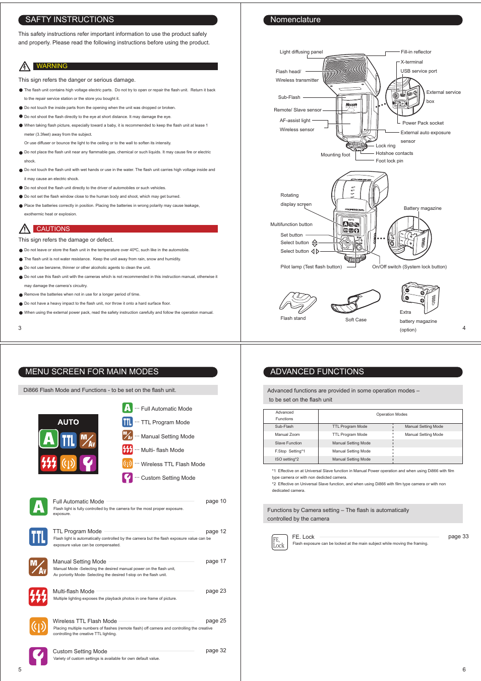 Menu screen for main modes, Advanced functions safty instructions nomenclature | Nissin Di866 User Manual | Page 2 / 11