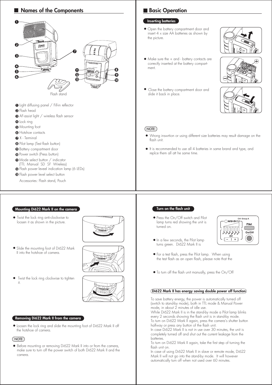 Names of the components, Basic operation, Ch 1 group a | Nissin MARK II DI622 User Manual | Page 2 / 6