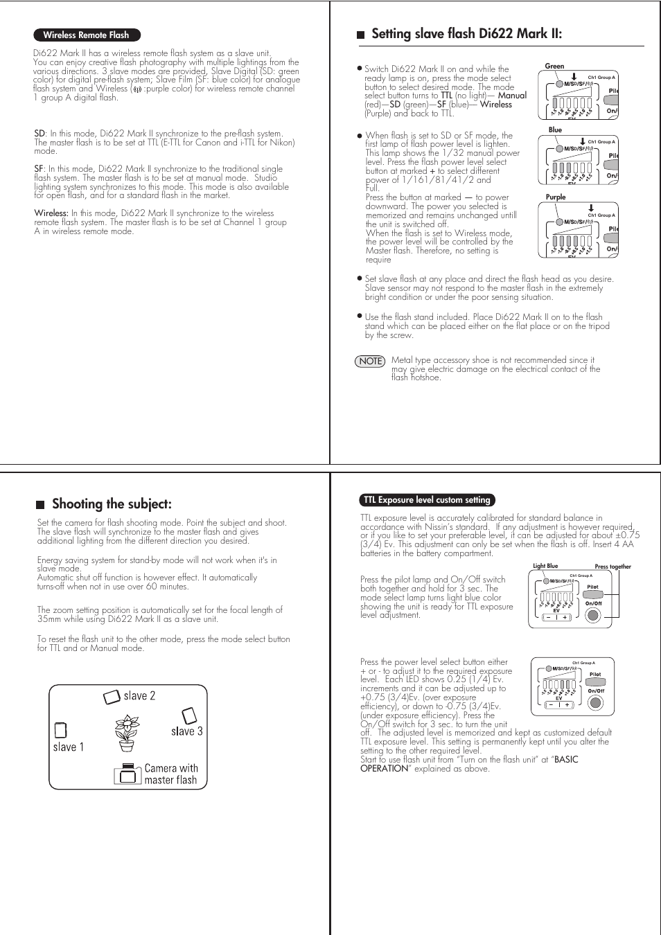 Setting slave flash di622 mark ii, Shooting the subject | Nissin MARK II DI622 User Manual | Page 5 / 6