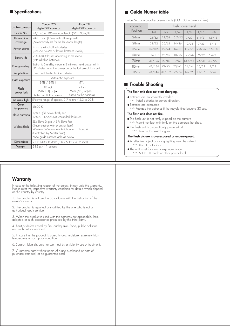 Specifications, Trouble shooting, Guide numer table | Warranty | Nissin MARK II DI622 User Manual | Page 6 / 6
