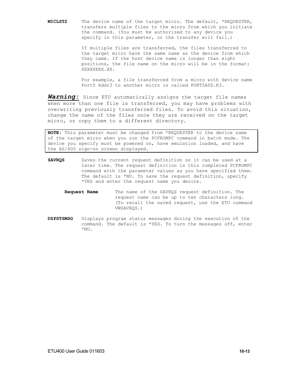 Pctopc command, Warning | Nlynx ETU400 User Manual | Page 143 / 314