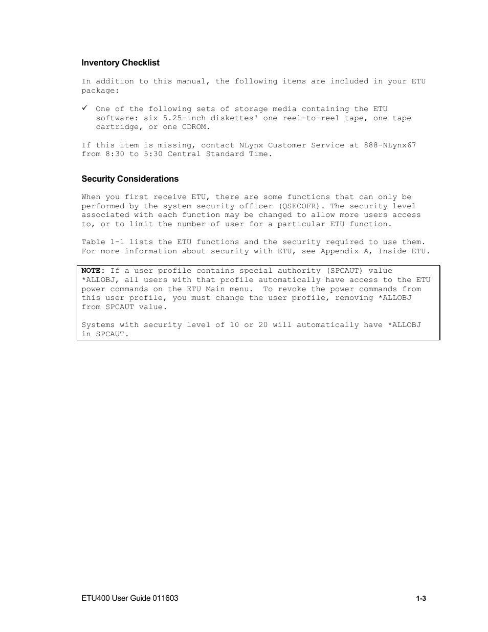 Inventory checklist, Security considerations | Nlynx ETU400 User Manual | Page 19 / 314