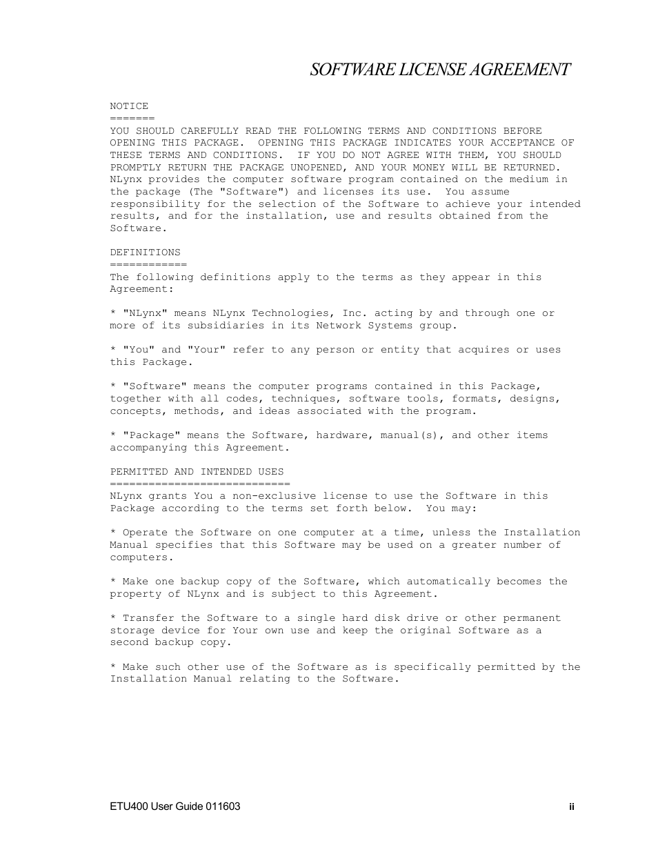 Software license agreement | Nlynx ETU400 User Manual | Page 2 / 314