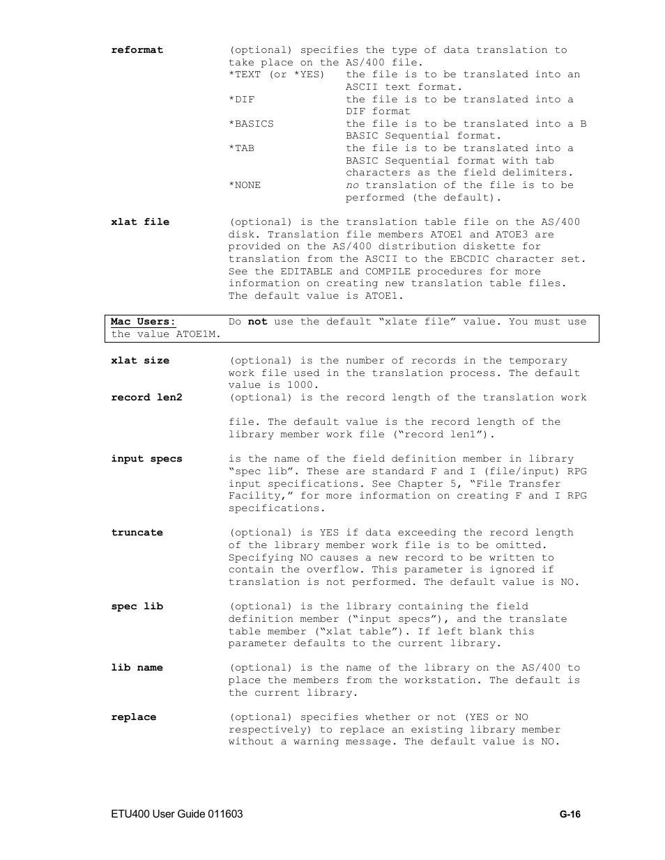Prntfrpc procedure, G-21 | Nlynx ETU400 User Manual | Page 286 / 314