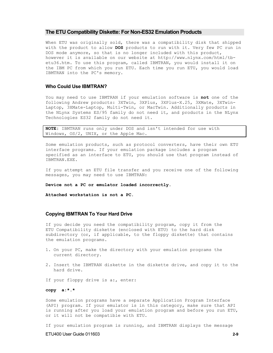 Starting etu when using ibmtran, Exiting ibmtran, Alternative method to start and exit ibmtran | Nlynx ETU400 User Manual | Page 34 / 314