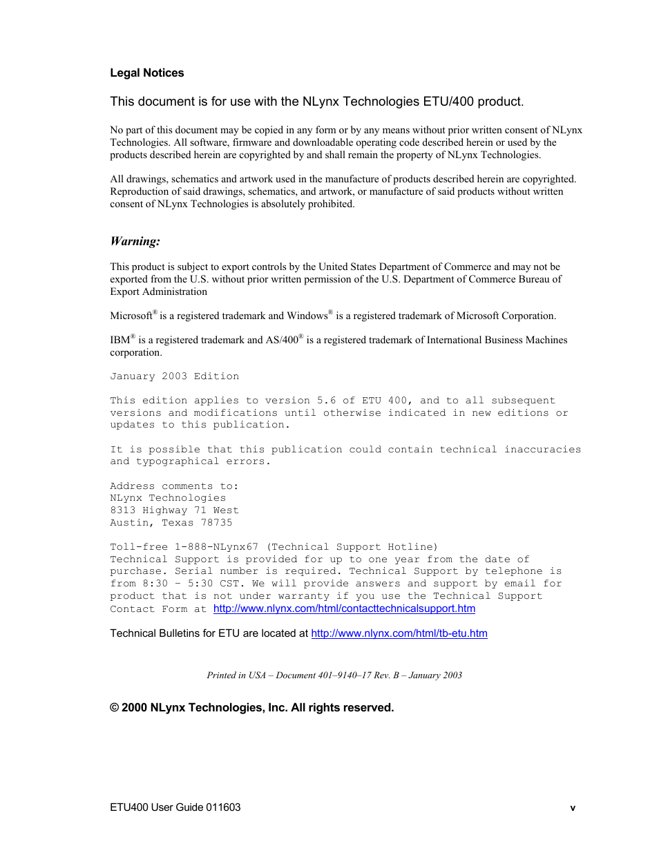 Legal notices, Warning, 2000 nlynx technologies, inc. all rights reser | Nlynx ETU400 User Manual | Page 5 / 314