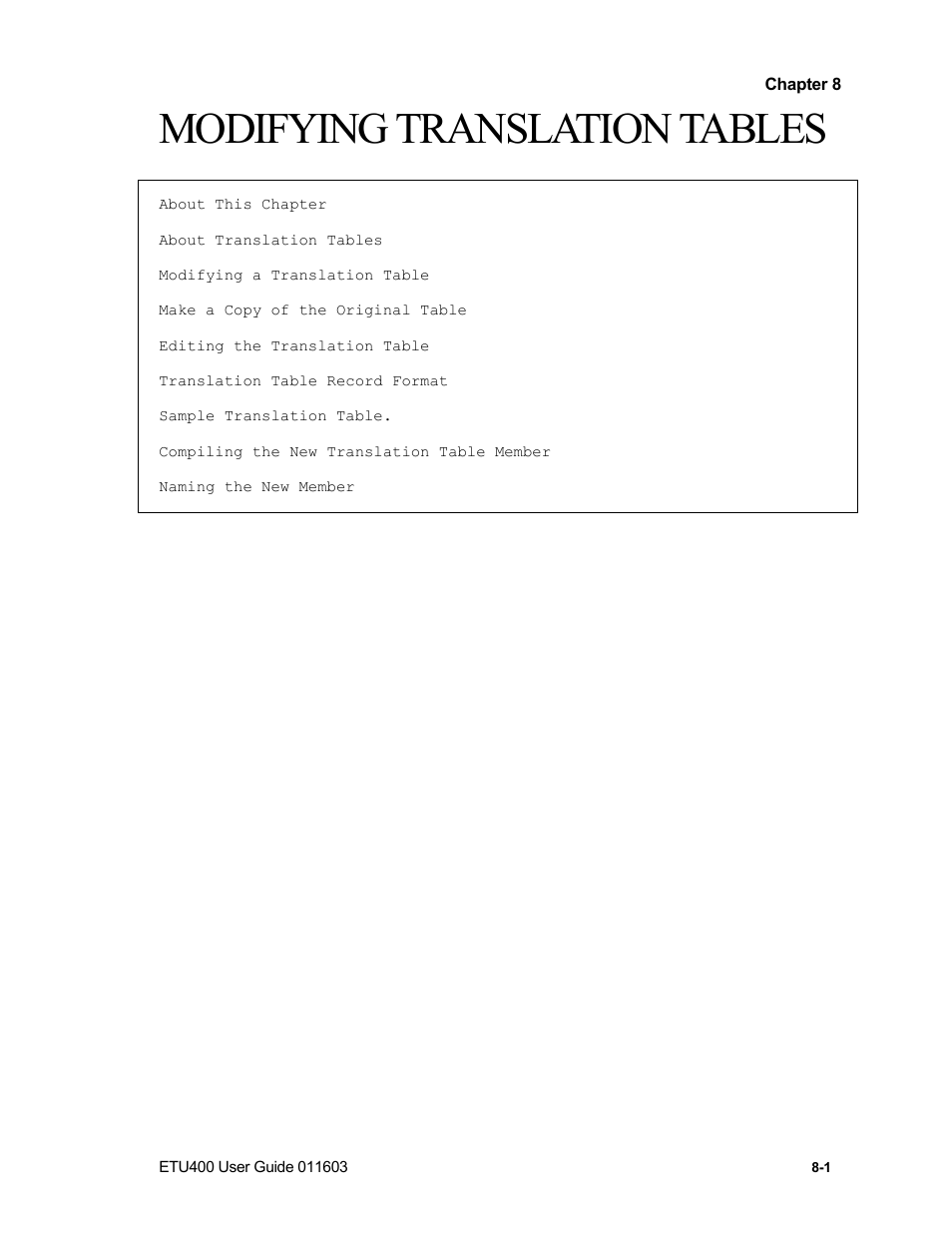 About this chapter, Modifying translation tables | Nlynx ETU400 User Manual | Page 95 / 314
