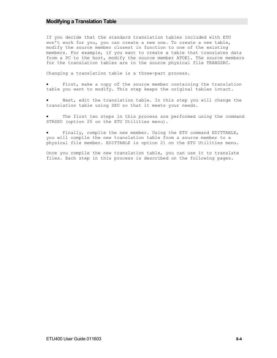 Make a copy of the original table, Editing the translation table, Translation table record format | Nlynx ETU400 User Manual | Page 98 / 314