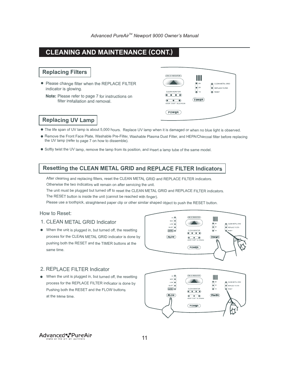 Cleaning and maintenance (cont.), Replacing filters replacing uv lamp | Nlynx NEWPORT 9000 User Manual | Page 12 / 16