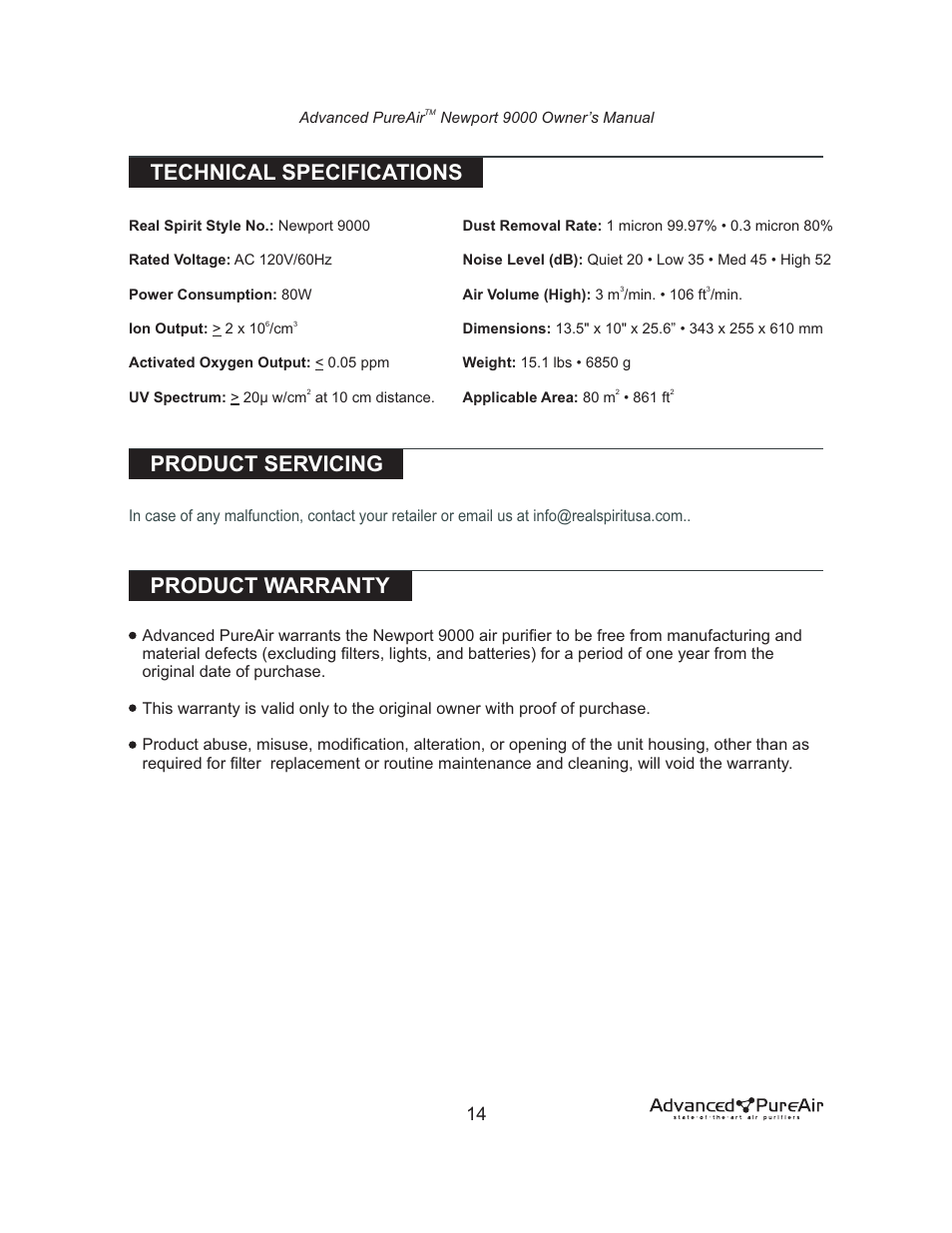 Technical specifications, Product servicing, Product warranty | Nlynx NEWPORT 9000 User Manual | Page 15 / 16