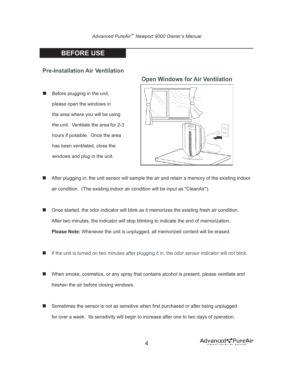 Before use, Open windows for air ventilation, Pre-installation air ventilation | Nlynx NEWPORT 9000 User Manual | Page 5 / 16